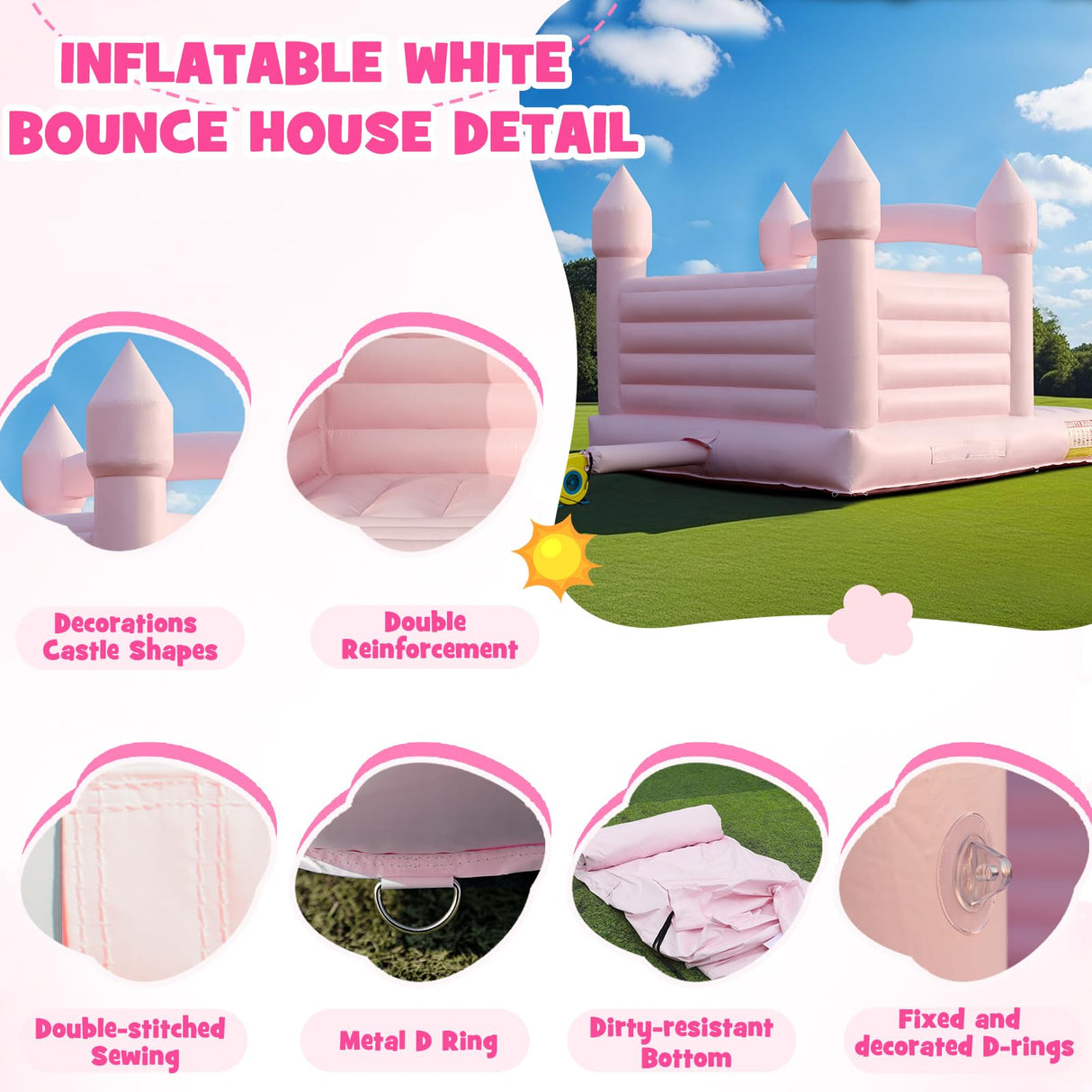 13.8FT White Bounce House Jump Castle for Kids, 100% PVC Indoor Outdoor Inflatable Bounce House, Heavy Duty 750W Air Blower Commercial Bounce House with 2 Balls, Self-Decorated for Party Gaonala