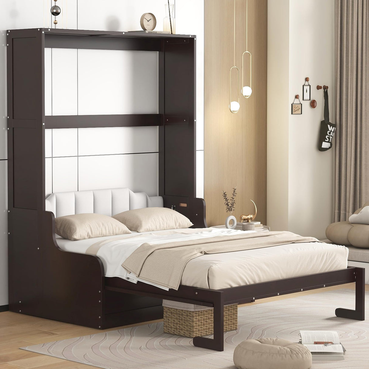 HABITRIO Queen Size Murphy Bed, Wooden Queen Murphy Bed Wall Bed with Sofa and Cushion, Espresso HABITRIO
