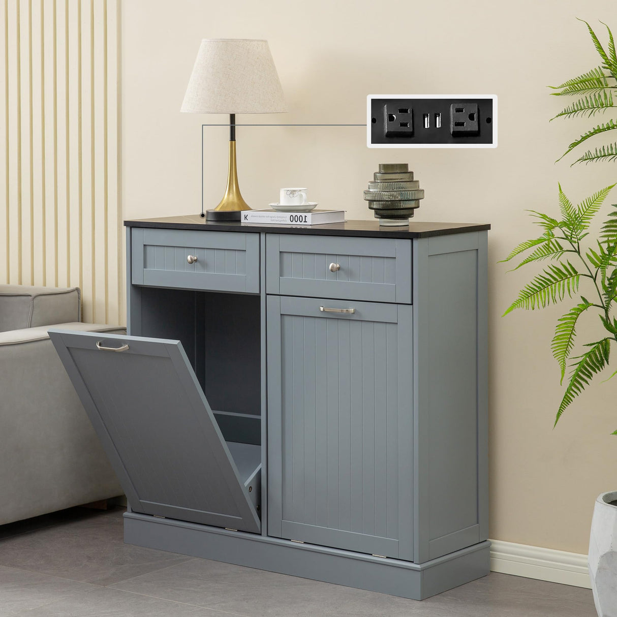 GAZHOME Double Tilt Out Trash Cabinet with Charging Station, Upgrade Wooden Trash Cabinet with Outlet,Recycling Cabinet with Hideaway Drawer,20 Gallon Tilt Out Trash Cabinet (Grey) GAZHOME