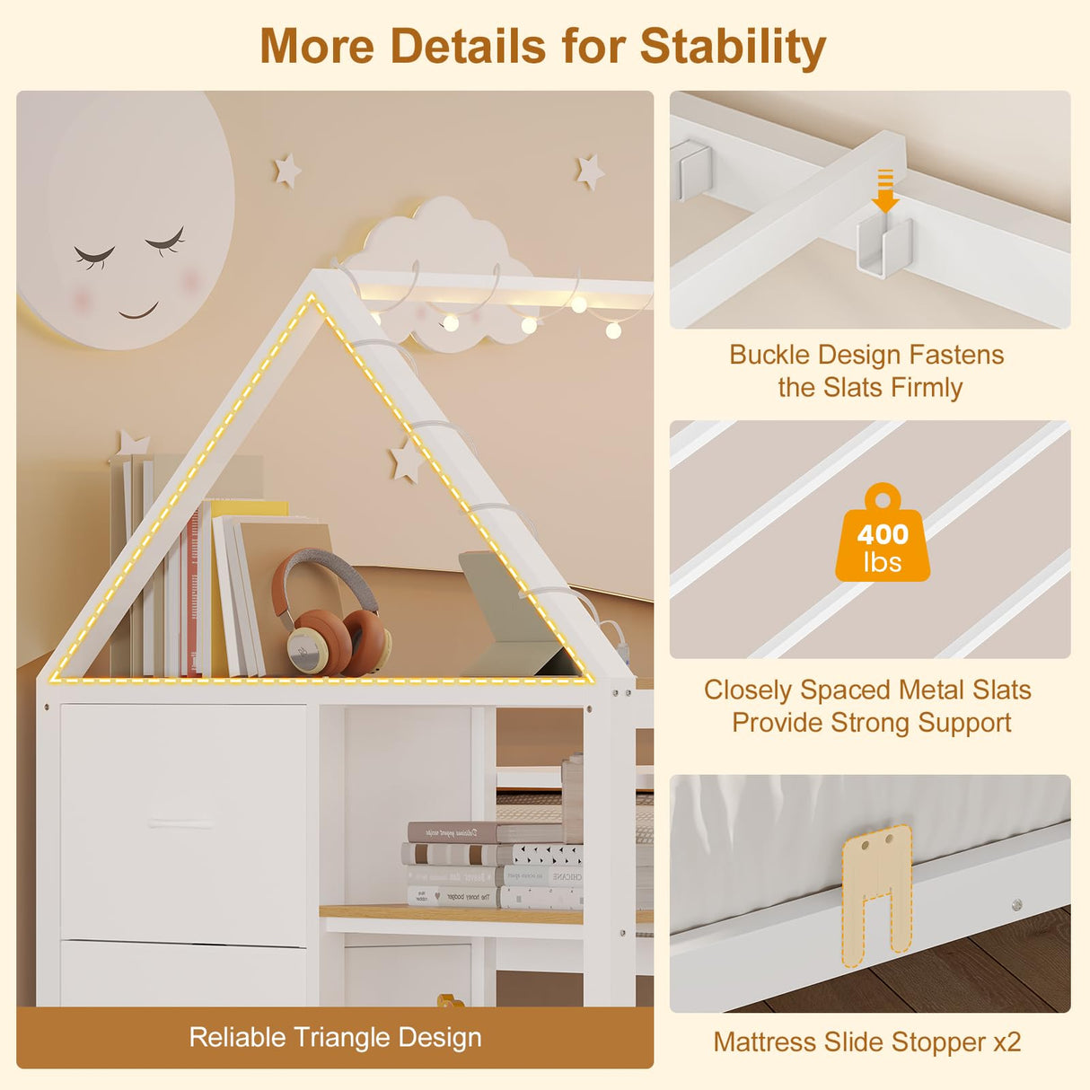 DICTAC Bunk Bed Twin Over Twin with Storage Drawers and Globe String Lights House Shaped Low Bunk Bed with Montessori Bookshelves Metal bunk Beds for Kids with Ladder and Guardrail,Space Saving,White DICTAC