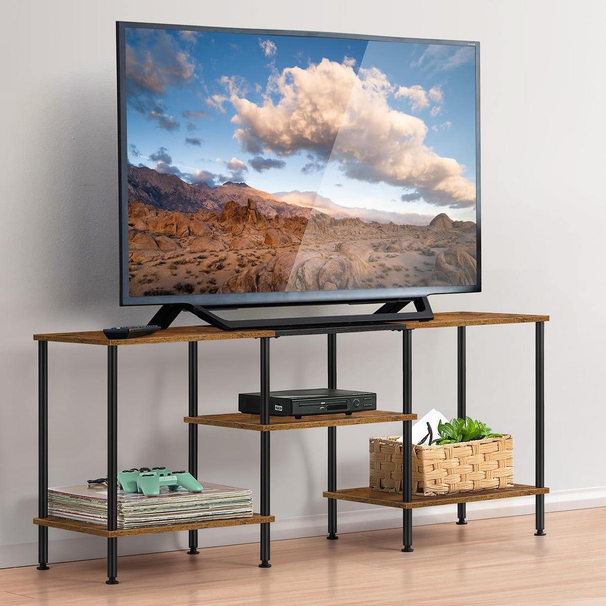 Industrial TV Stand with Storage for 50 inch TV Rustic TV Cabinet with Open Storage Shelf 3 Tier Entertainment Center Wood Console Table with Metal Round Tubes for Living Room Bedroom, Brown BTY