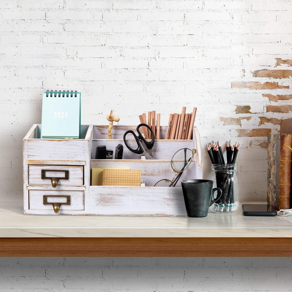 Distressed Rustic Wooden Office Desktop Organizer Shelf Tabletop Home Organizer Storage with Multiple Compartments 2 Tier Drawers perfect Jewelry storage Display Box for Desk Vanity (Washed white) VERGOODR