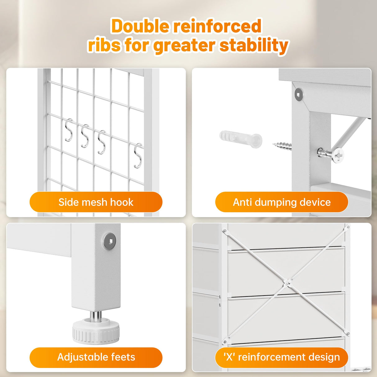 EnHomee 49.2" W White Dresser for Bedroom with Hanging Rack,6 Drawer Dresser with LED Lights & Charging Station, Fabric Dressers & Chest of Drawer with Clothes Rack, Wooden Top, Grid Panel, Closet EnHomee