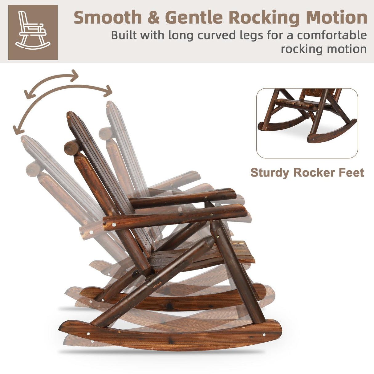 EPICOZY Outdoor Wooden Rocking Chair, Patio Rustic Adirondack Porch Rocker, All Weather Solid Wood Log Rocker Chair with High Back & Slatted Seat for Indoor, Backyard, Garden, Carbonized EPICOZY