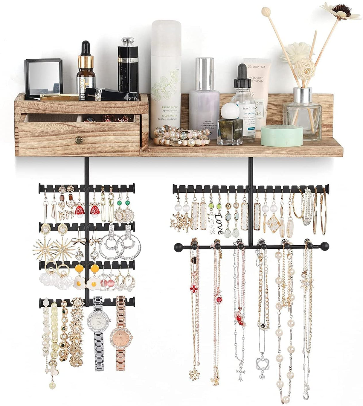 VINAEMO Jewelry Organizer Hanging Wall Mounted Jewelry Holder with Rustic Wood Drawer & Large Capacity Storage Shelf Rack Display for Earrings Rings Necklaces Bracelet VINAEMO