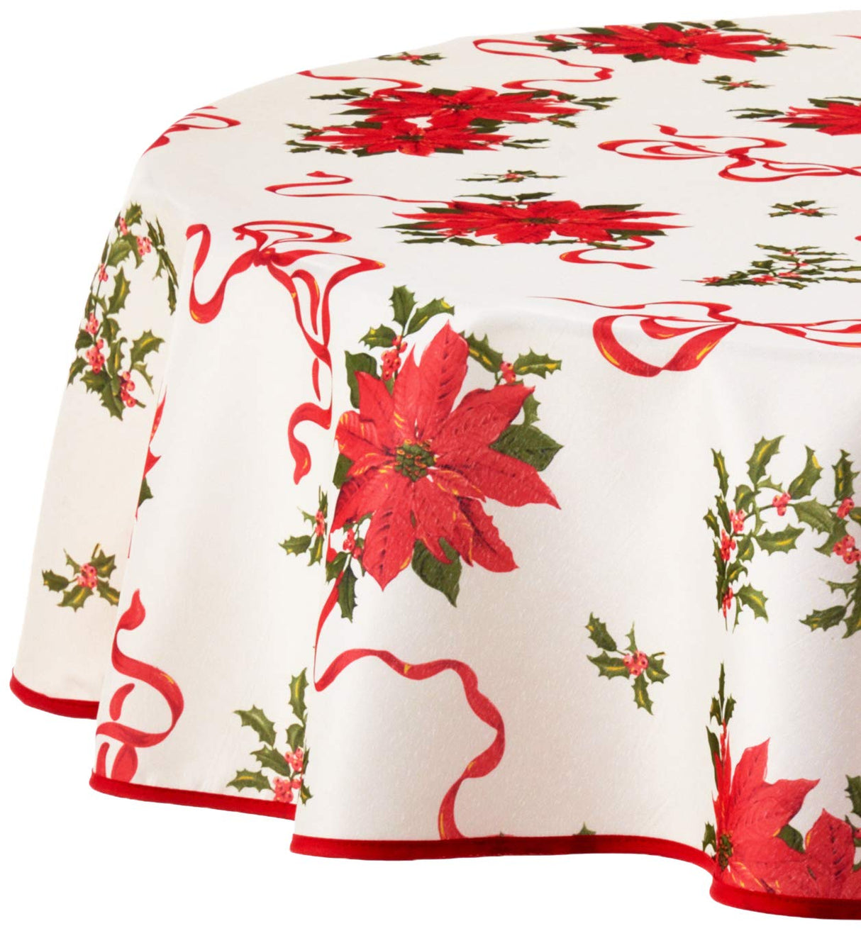 Violet Linen Decorative Christmas Poinsettias and Bows Design Tablecloths - 60" Round Violet Linen