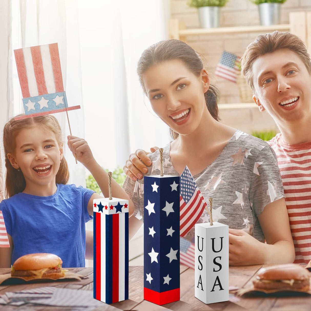 Amyhill 3 Pcs 4th of July Wooden Table Decorations Patriotic Table Centerpieces Independence Day Wood Firework Fourth of July Table Signs for Home Farmhouse Decor(Flag) Amyhill