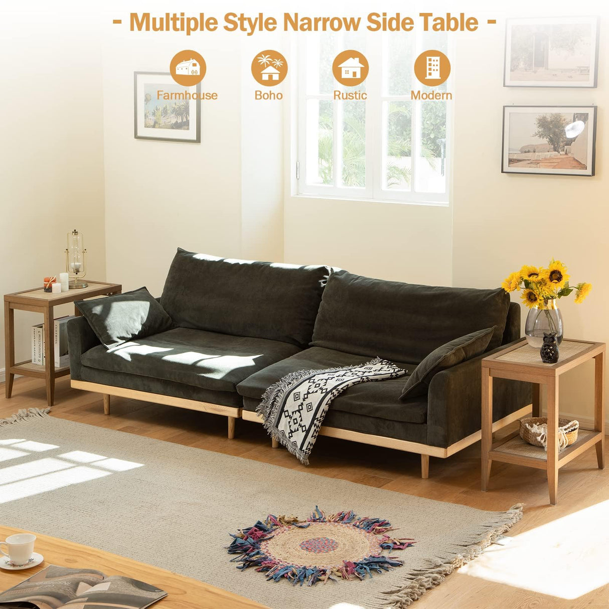 SICOTAS Rattan Nightstands Set of 2 Bedside Table - Boho Narrow End Table Living Room Set of 2 Side Table with Rattan Storage Shelves for Small Space SICOTAS