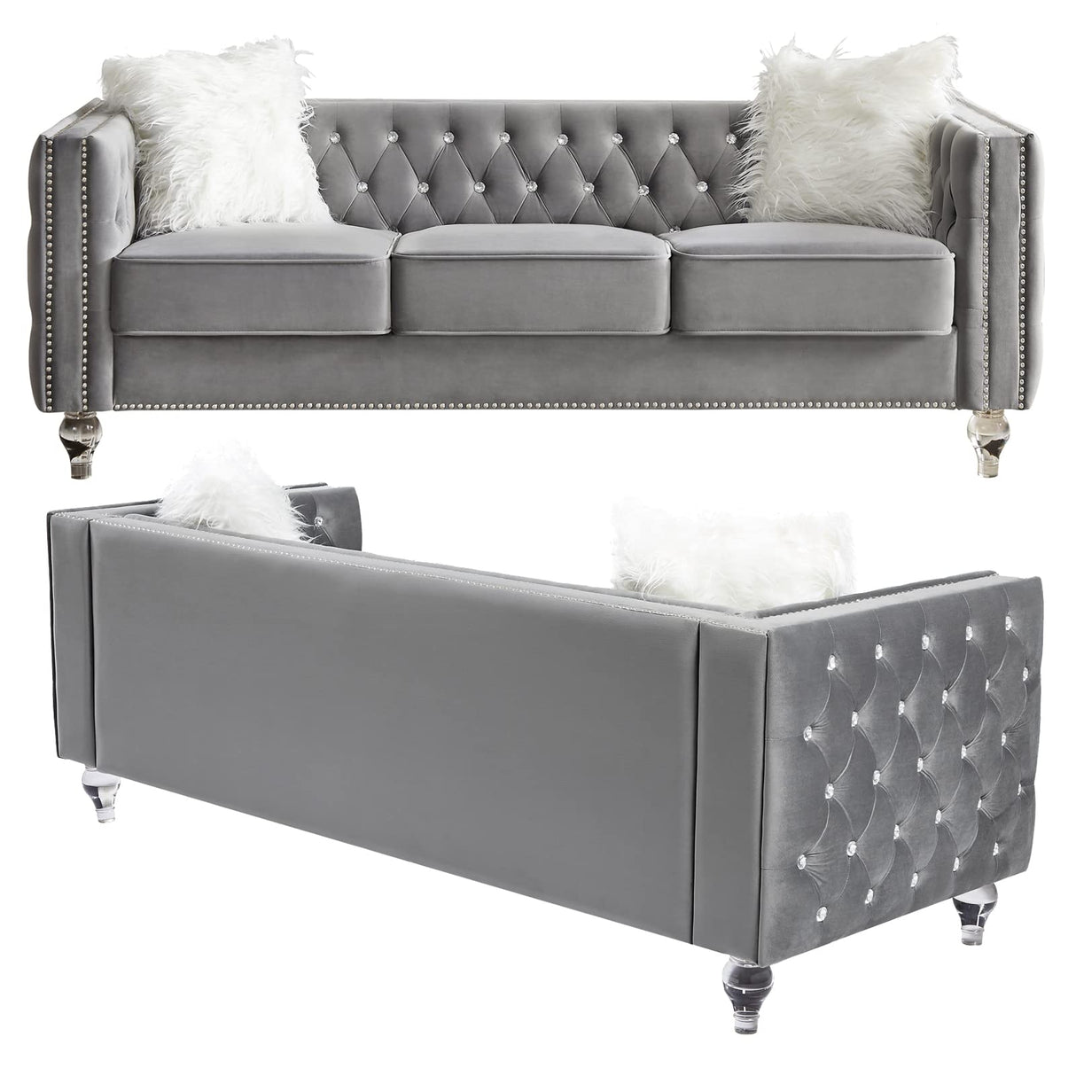 mikibama Velvet 3 Seater Sofa Couch with Buttons and Square Arms 83.07 Inch Tufted 3-seat Sofas with Trimmed Nailhead and Acrylic Legs Modern Couches for Living Room,Bedroom(Grey-Crystal Legs, Sofa) mikibama