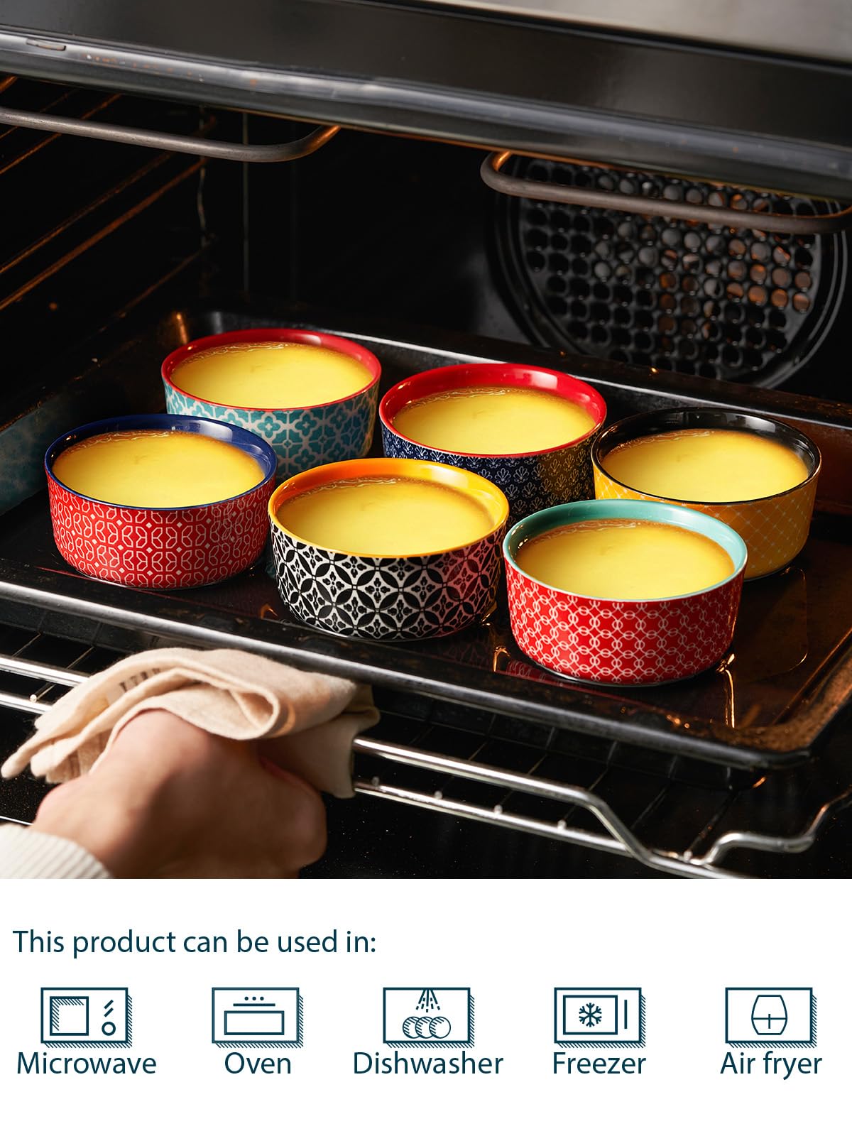 DOWAN Ramekins with Lids 4 oz Oven Safe for Creme Brulee Souffle, Ceramic Custard Cups for Baking, Mini Bowls for Pudding Dip Ice Cream, Set of 6, Vibrant Colors DOWAN