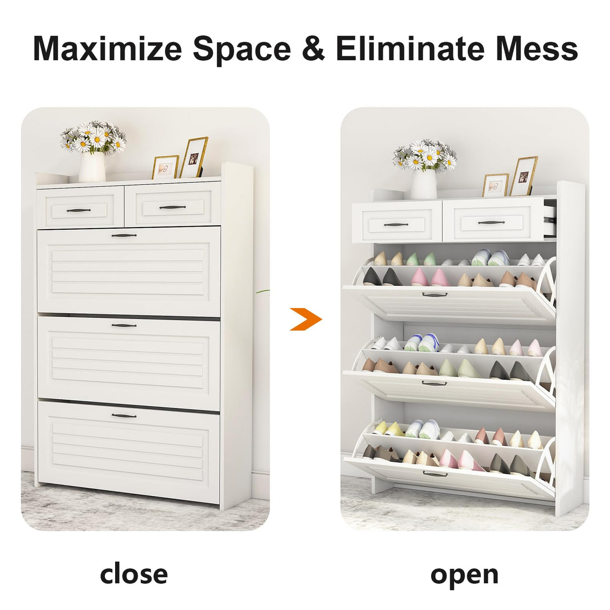 HANLIVES Hidden Shoe Cabinet for Entryway,Narrow Entry Shoe Storage Cabinet with Drawer,White Flip Down Shoe Rack Wood 4 Tier Slim Shoe Storage Organizer for Hallway,Apartment HANLIVES