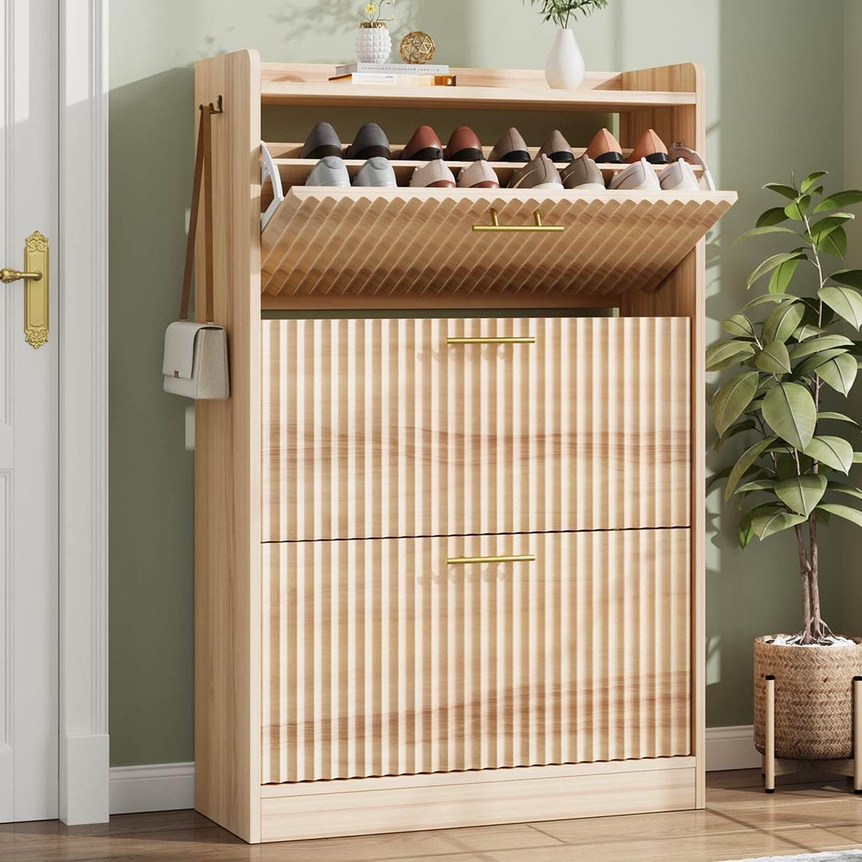 Shoe Cabinet Storage for Entryway Hidden Shoes Storage Cabinet with 3 Flip Drawers, Boho Fluted Shoe Rack Cabinet Large Tall Free Standing Shoe Organizer Cabinet for Foyer, Hallway (Natural Wood) Jocoevol