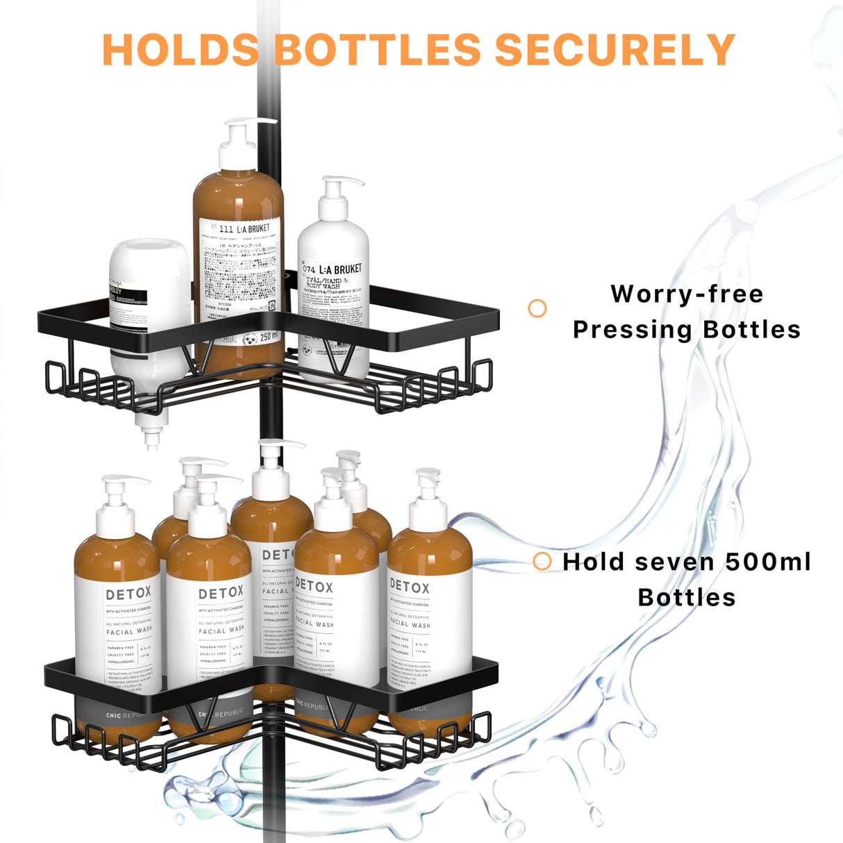 KEGII Corner Shower Caddy Tension Pole - Shower Tension Rod Organizer, Floor to Ceiling Shower Caddy 25-114.2 inch, Towel Rack Corner Waterproof, Black KEGII