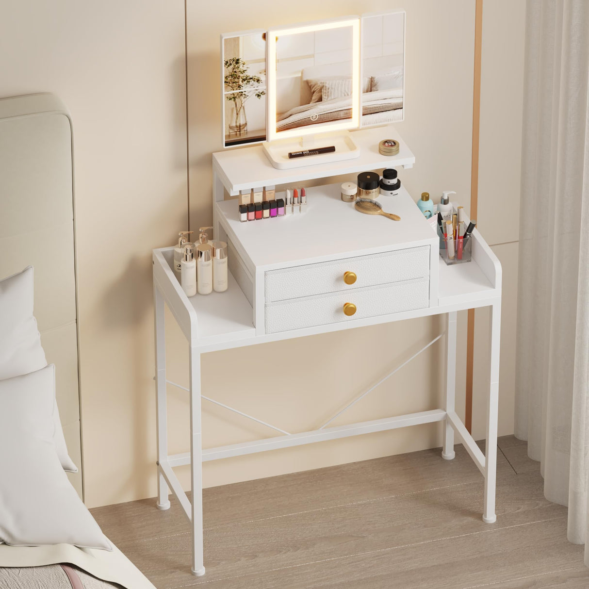 HIGDBFE Vanity Desk with Mirror and Lights, 28.4''W Small Makeup Vanity Table with Height-Adjustable Stand, 2 Fabric Drawers Compact Makeup Desk, Gift for Girls, Bedroom Small Space, White HIGDBFE