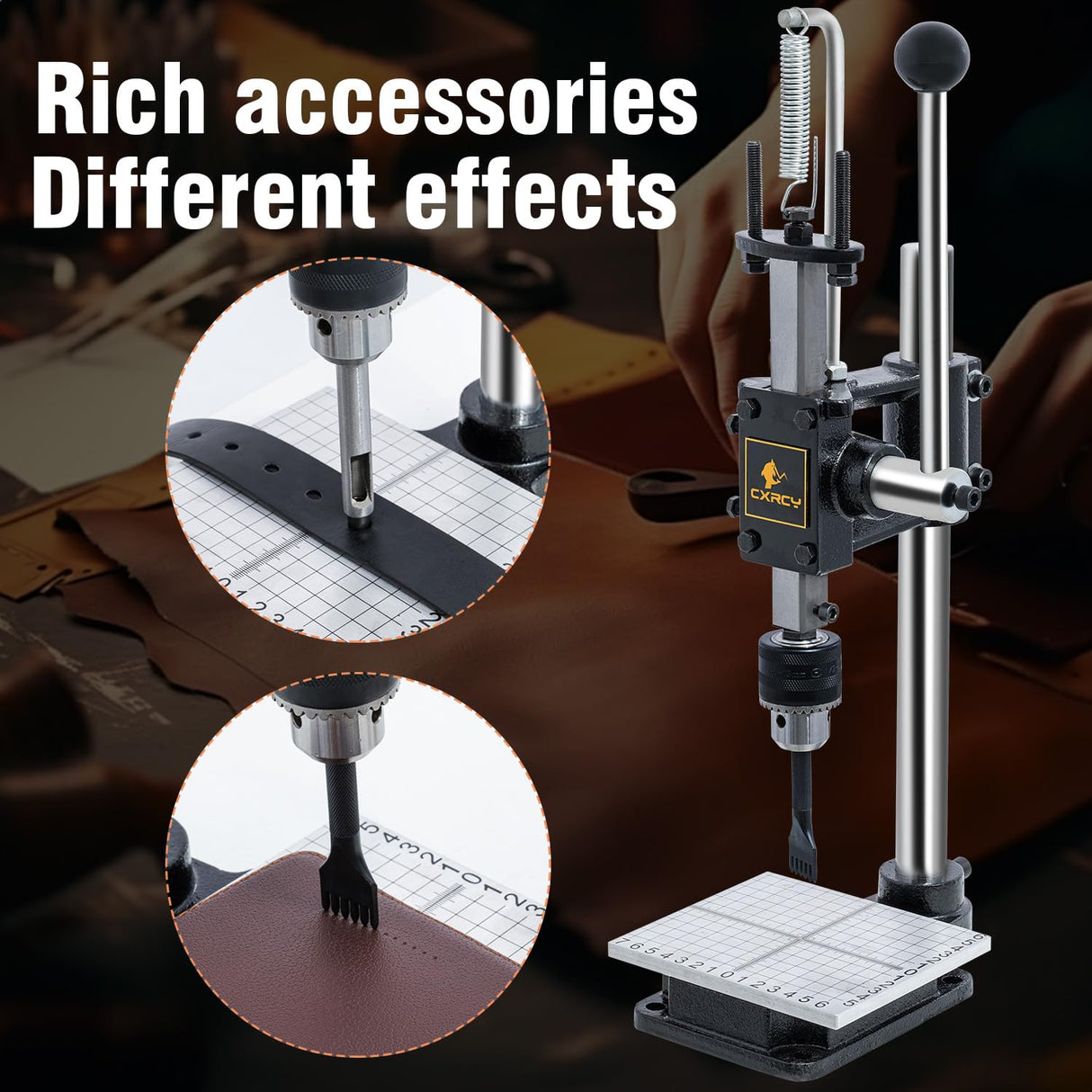 CXRCY Leather Hole Puncher & Press Machine, Manual Hole Punch Set for Leatherworking DIY Craft Leather Hole Punching,Setting Rivets,Button Snaps with 13pcs Punches, PP & Aluminum Plate CXRCY