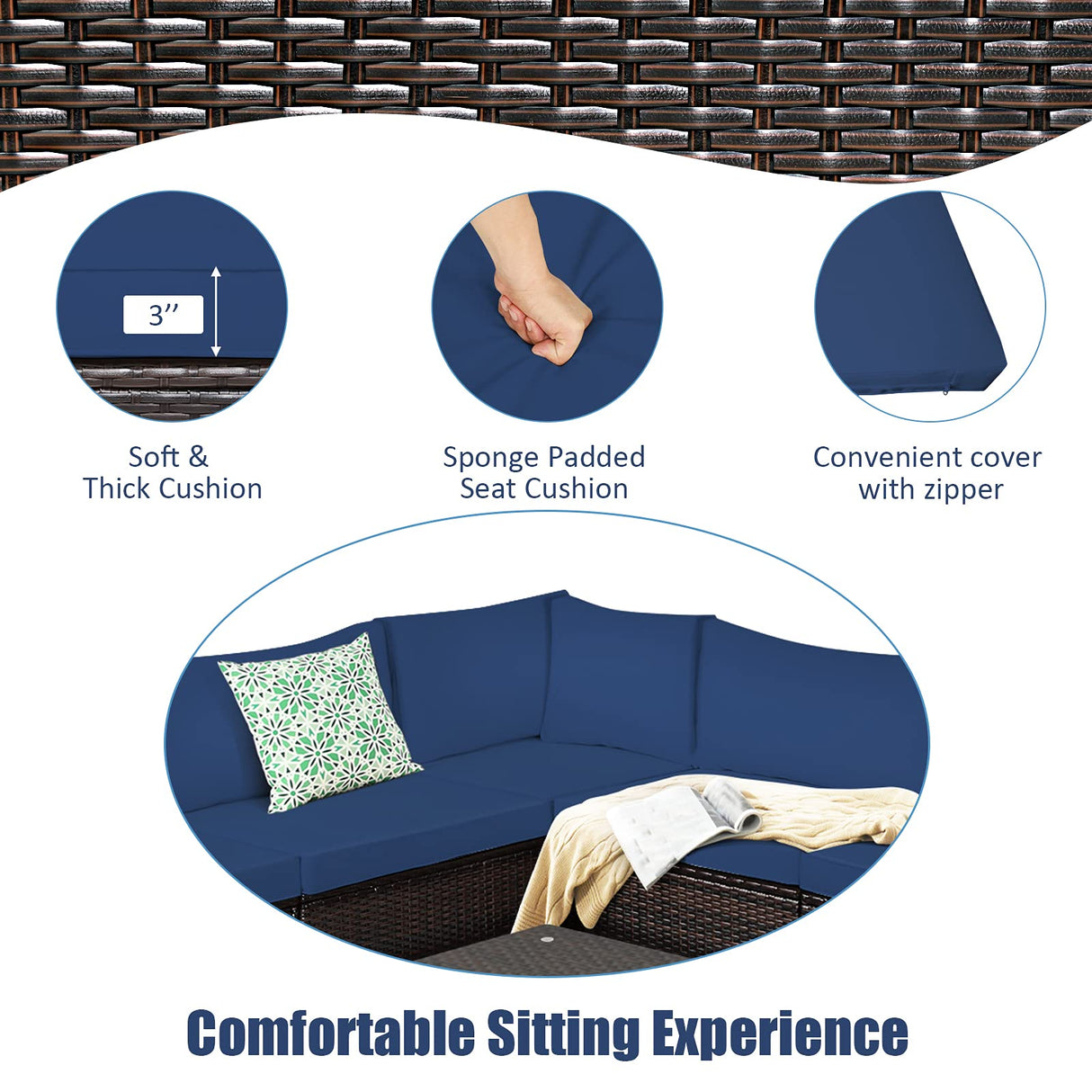 Tangkula 6 Pieces Patio Furniture Set, Outdoor Rattan Sofa Set, Wicker Conversation Set w/Tempered Glass Coffee Table & Cushions, Sectional Sofa Set for Backyard, Garden, Balcony, Poolside Tangkula