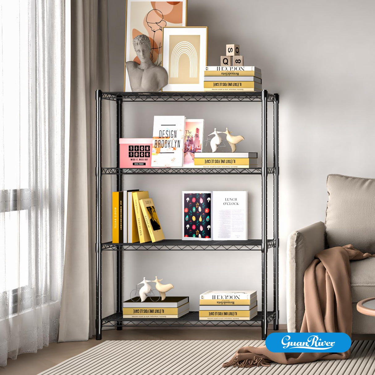 Guan River 4-Shelf Adjustable Metal Shelf Wire Shelving Unit Storage Rack Display Shelf for Office,Kitchen,Bedroom,Bathroom,Laundry,Pantry Basement,Garage(Black,36" L x 14" W x 54" H) Guan River