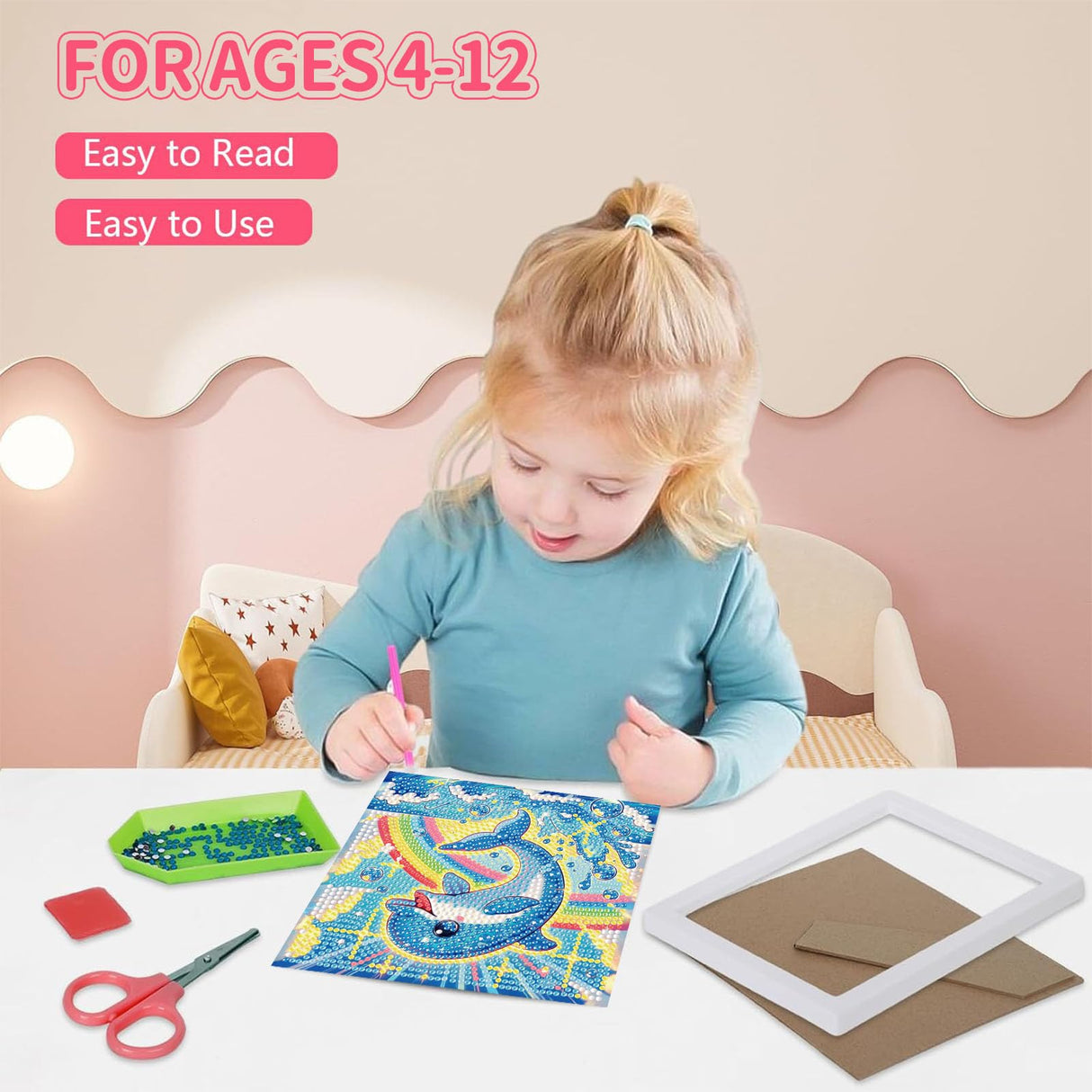 Gemozaic Diamond Art Kits for Kids with Frame, Dolphin Diamond Art for Kids Ages 4-6 for Gift Home Wall Decor (7x7inch) Gemozaic