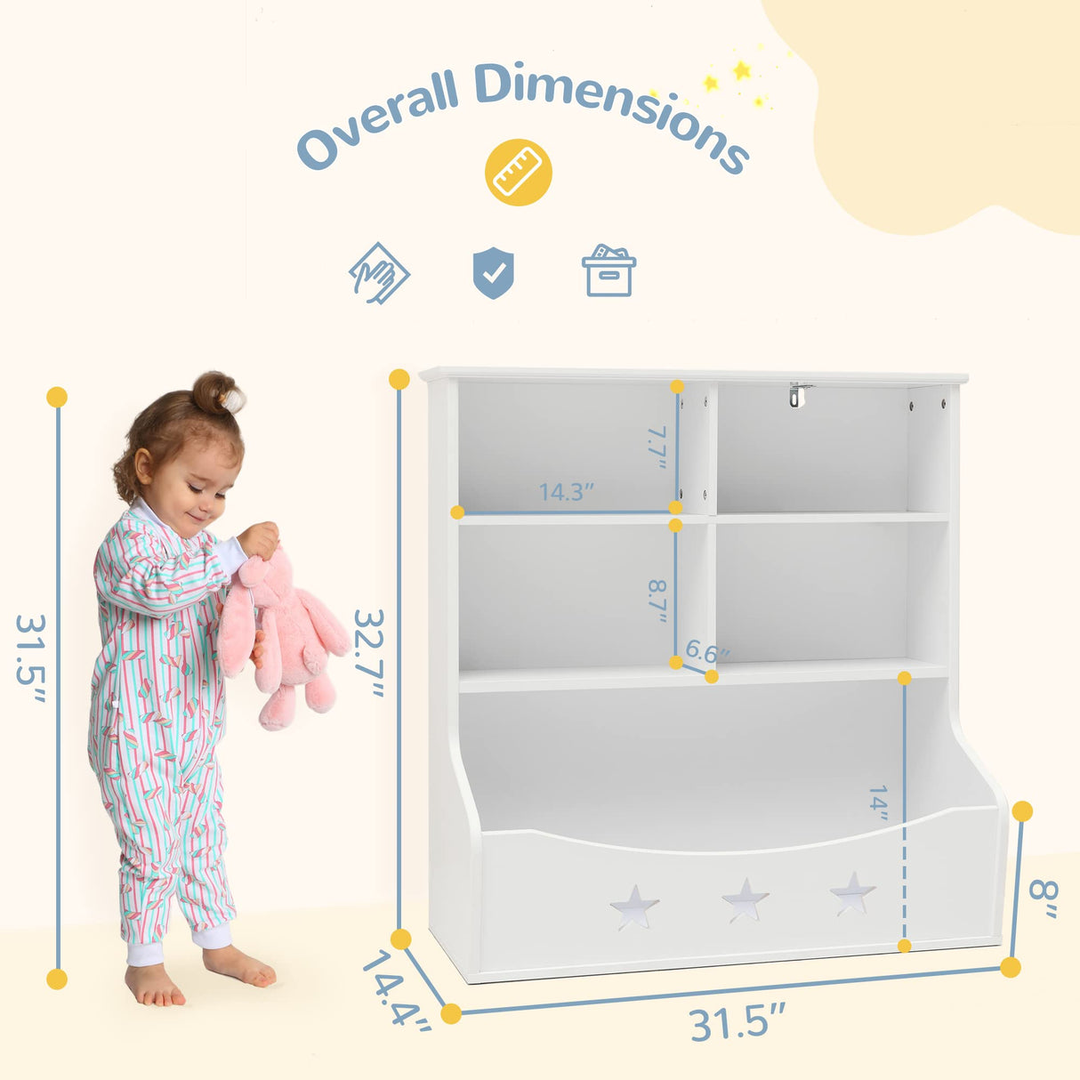 Curipeer White 3-Shelf Kids Bookshelf with 5 Cube Units and Star Pattern Toy Organizer for Playroom and Nursery Curipeer