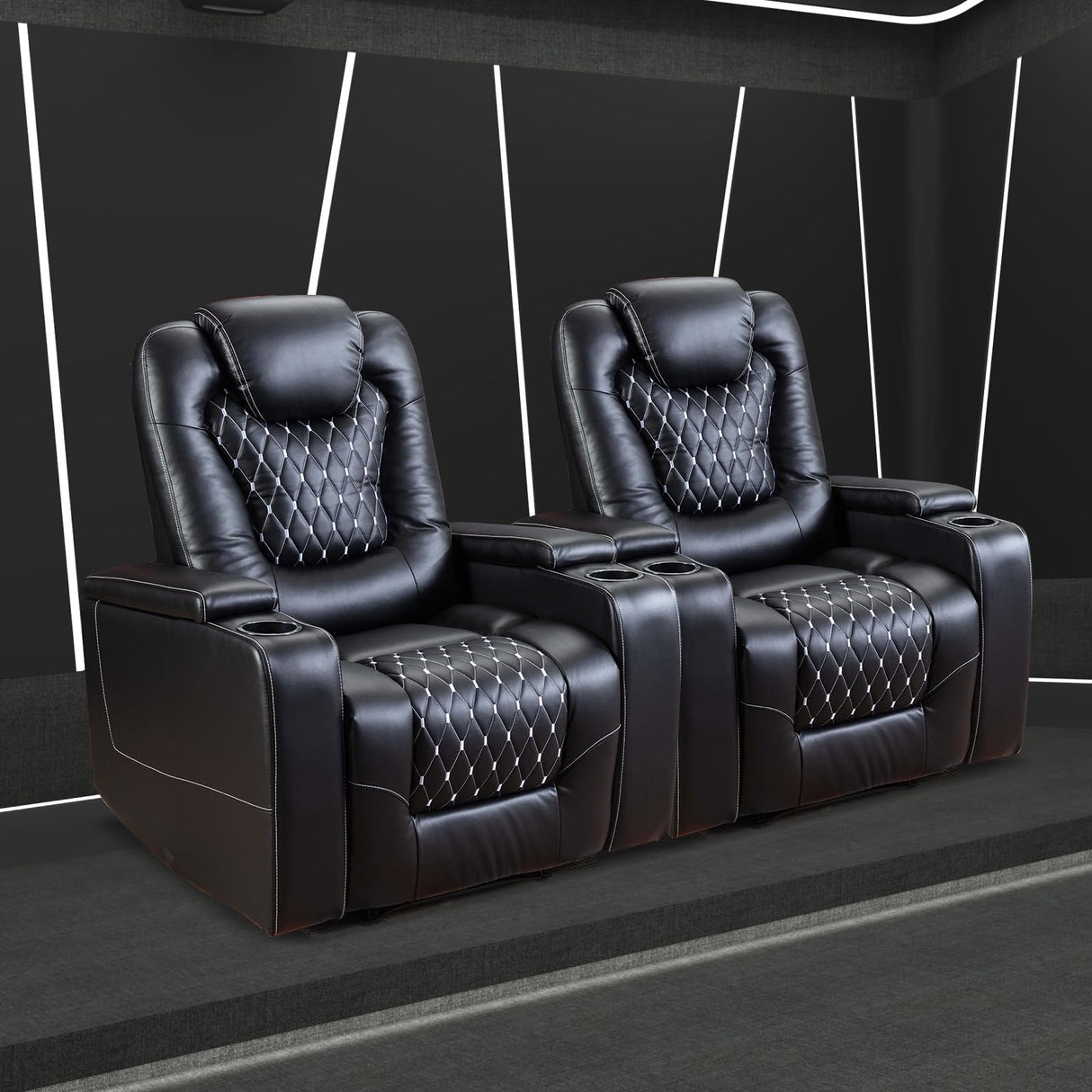 ANJ Power Recliner Chair with USB Ports and Cup Holders - Overstuffed Electric Home Theater Seating PU Leather Reclining Furniture with Hidden Arm Storage, Easy to Clean (Set of 2, Black) ANJ