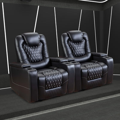 ANJ Power Recliner Chair with USB Ports and Cup Holders - Overstuffed Electric Home Theater Seating PU Leather Reclining Furniture with Hidden Arm Storage, Easy to Clean (Set of 2, Black)