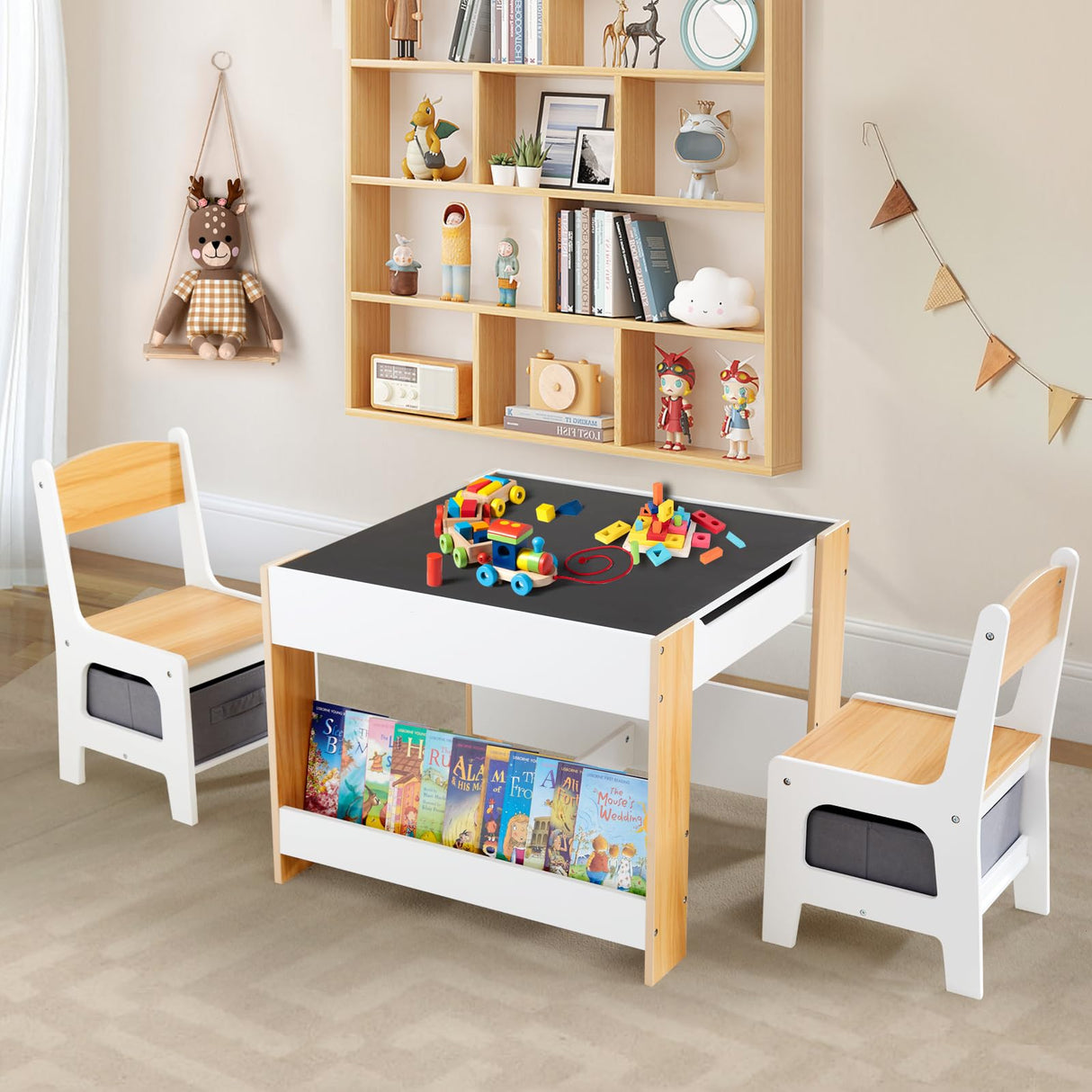Asweets Kids Table and Chair Set,4 in 1 Toddler Desk with Storage Drawer,Wooden Activity Table for 2 in 1 Detachable Tabletop,Bookshelve,Suitable for Classroom,Home, Nursery, Playroom (Natural White) Asweets