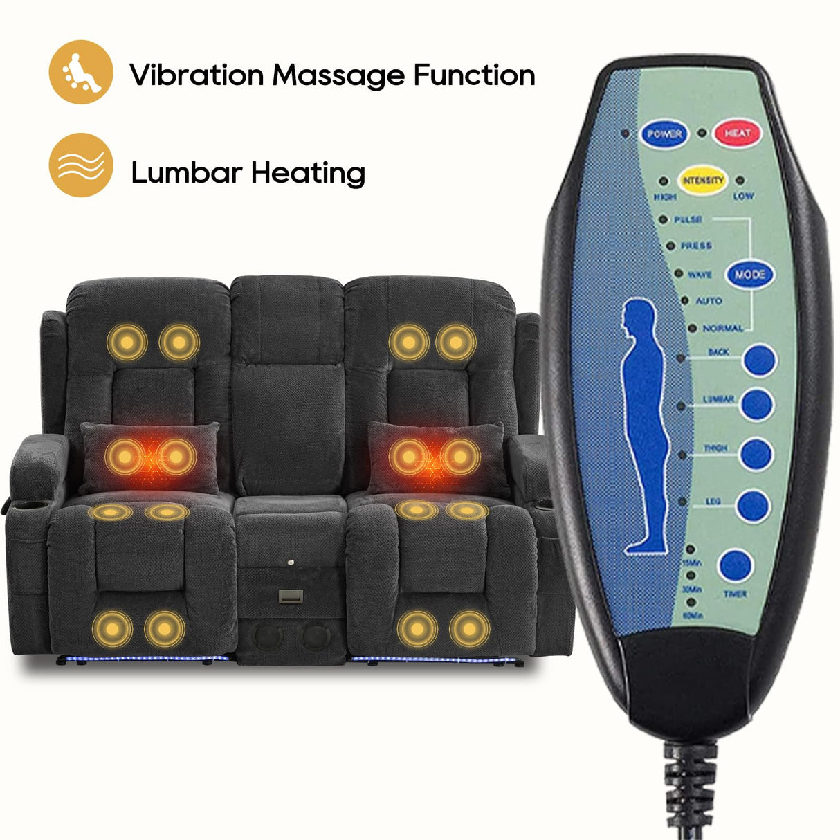 IPKIG Power Loveseat Recliner Sofa with Flip-Up Backrest Console, Drawer, AC Outlet, LED Light, Bluetooth Speakers, Wall Hugger Recliners for Living Room, RV, Home Theater (Charcoal, Loveseat) IPKIG