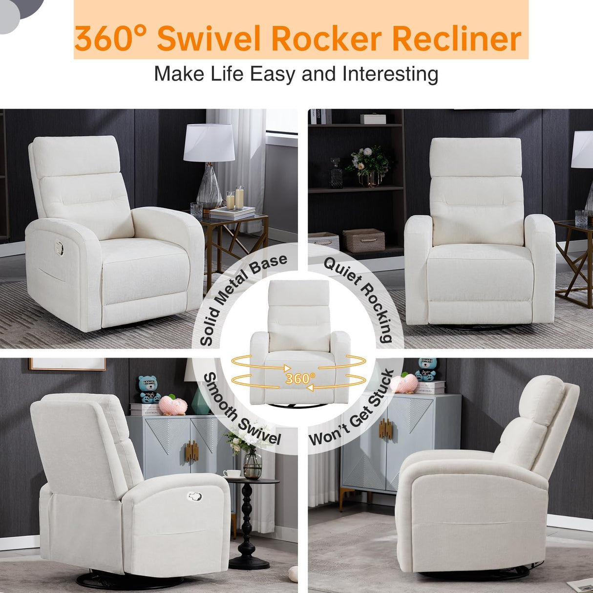 Swivel Rocker Recliner for Adult, Upholstered Recliner Glider Nursery Chair, Manual Fabric Rocking Recliners for Living Room, Bedroom, Chenille White BaseBeauty