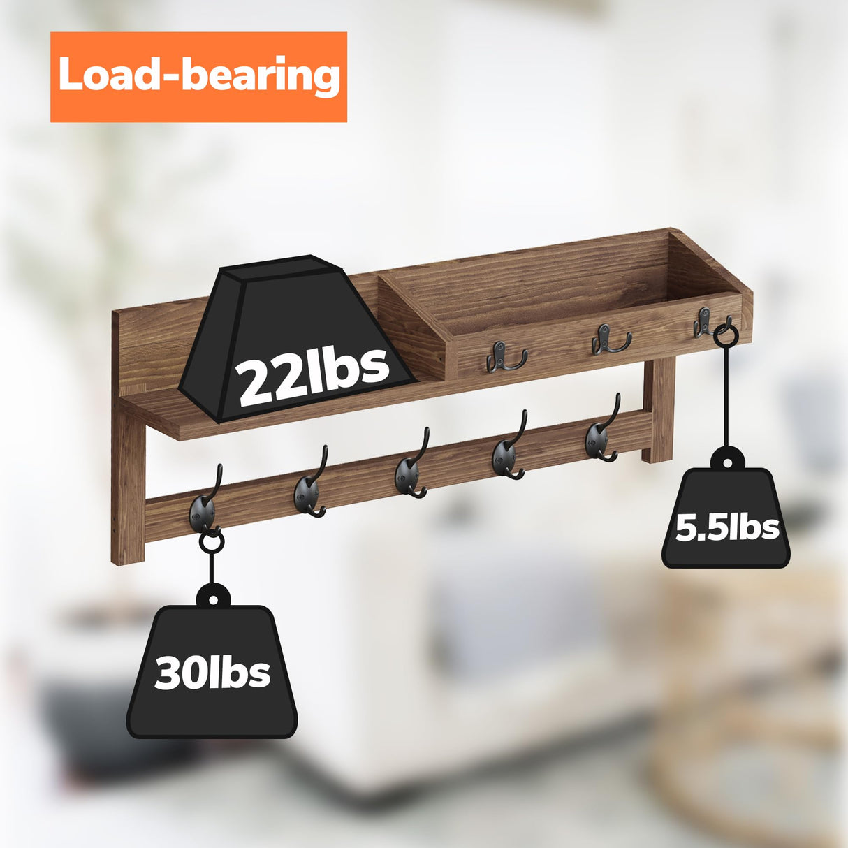 AMBIRD Wall Hooks with Shelf 26.57inch Entryway Wall Hanging Shelf Wood Coat Hooks for Wall with Shelf Coat Rack Wall Mount Rack with 5 Dual Hooks 3 Key Hooks Mail Organizer and Key Rack Key Holder AMBIRD