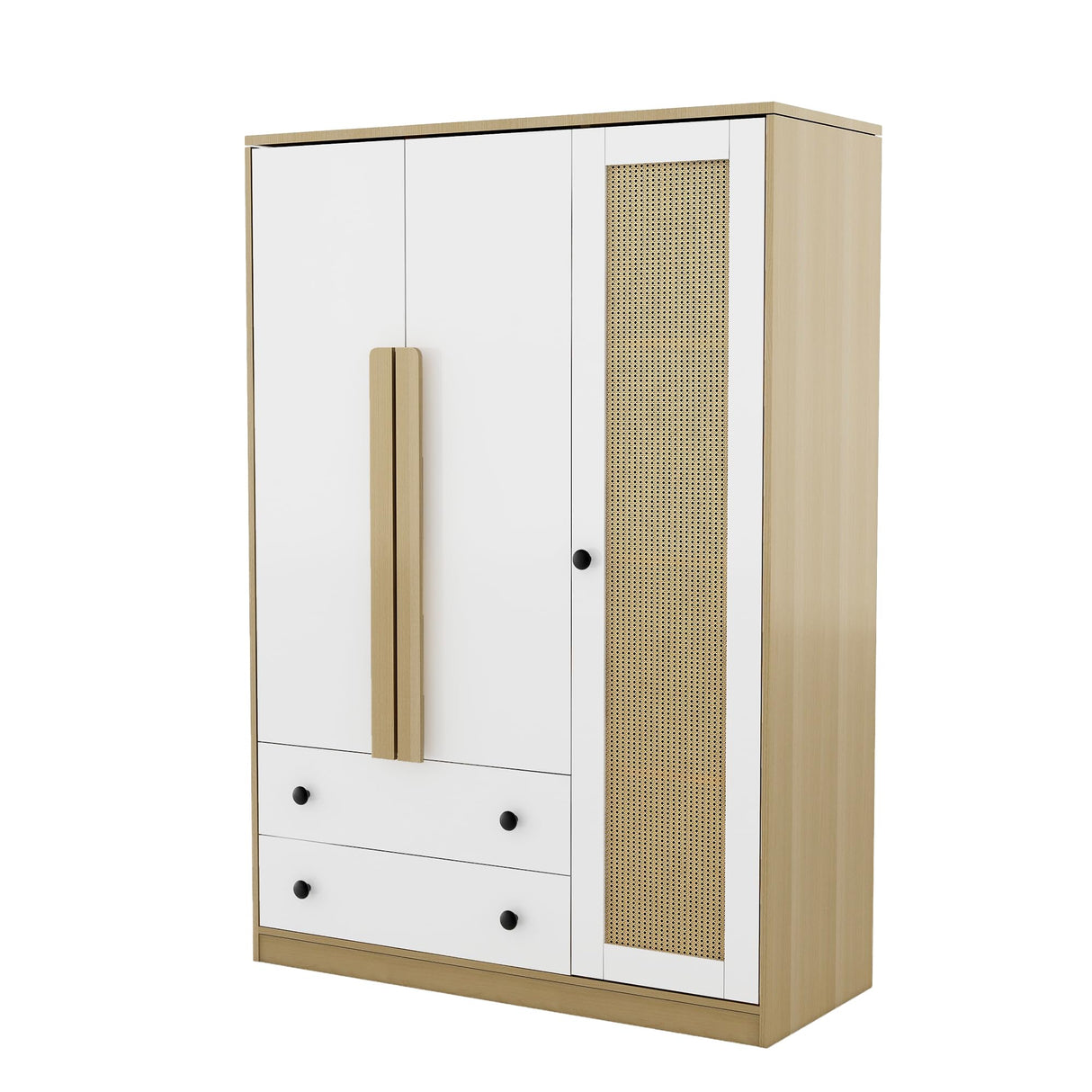 Merax 3-Doors Wooden Rattan Wardrobe Storage Shelves and Hanging Rail for Clothes for Bedroom, with 2 Drawers, White+Nature Merax