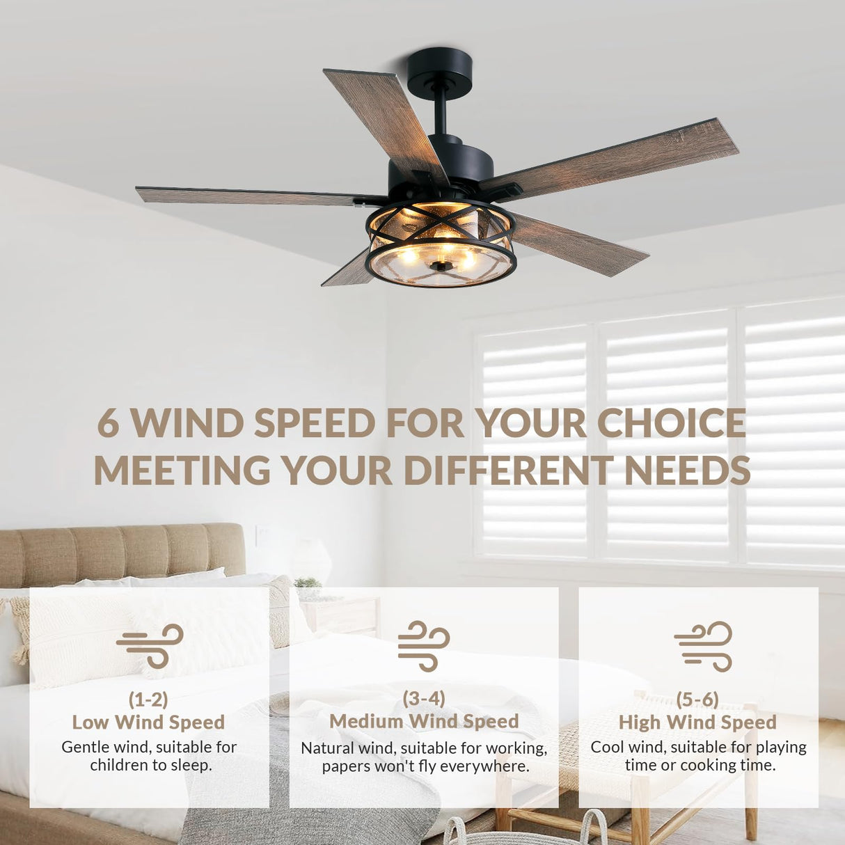 APBEAMLighting Farmhouse Ceiling Fans with Lights and Remote Control, 52 Inch Rustic Fandelier Ceiling Fan with Bubble Glass Shade 6-Speed Caged Ceiling Fan for Living Dining Room Bedroom,Walnut/Brown APBEAMLighting