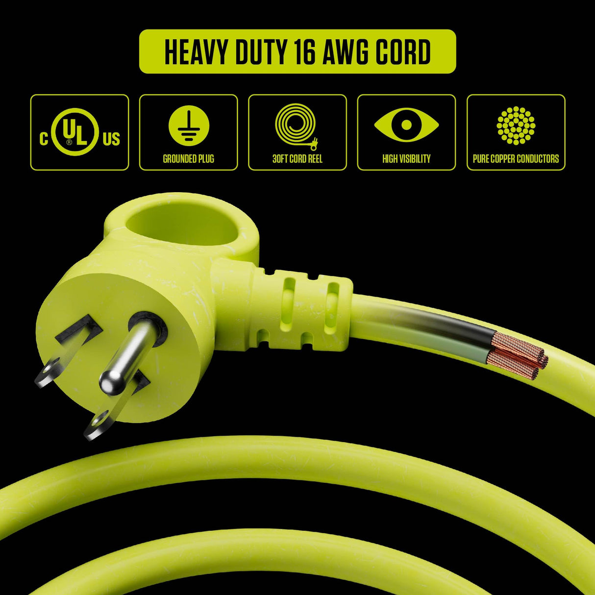 Masterplug 30ft Cassette Cord Reel, Retractable Extension Lead with Winding Handle, Safety Overload Circuit Breaker and Power Switch, 4x Grounded Outlets, 10amps, 16AWG Cable Masterplug