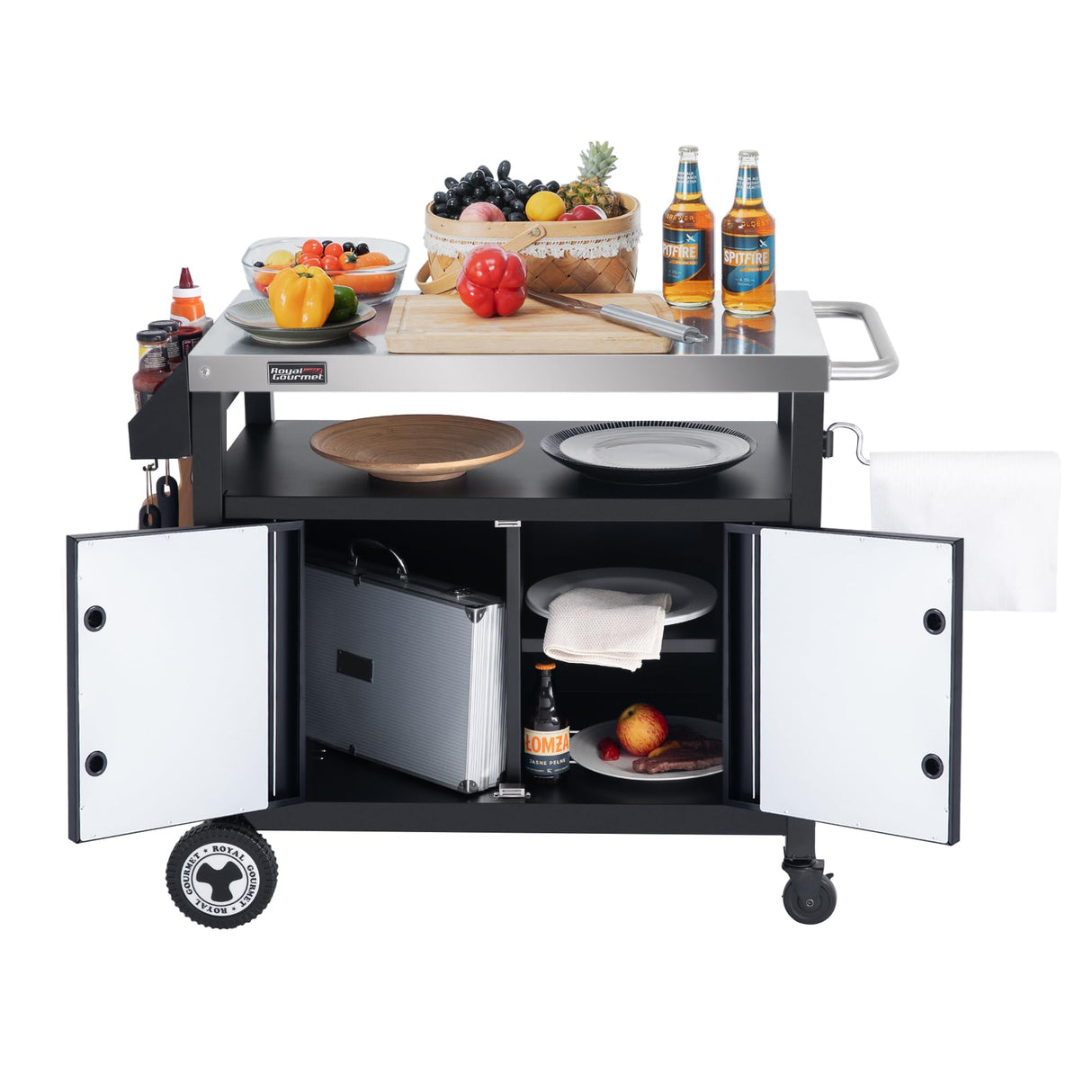 Grills House Outdoor Grill Cart with Wheels, Movable Kitchen Island with Storage Cabinet for BBQ, Stainless Steel Dining Cart Table for Food Prep, Black, PC3403S-SC Grills House