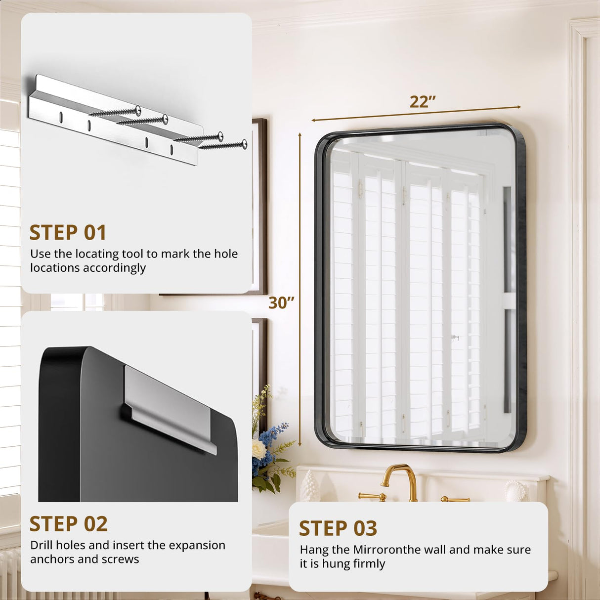 Bathroom Mirror 30x22 Inch Black Metal Framed Rounded Rectangle Vanity Mirror for Wall, Over Sink, Farmhouse, Restroom, Anti-Rust, Modern Decorative, Horizontal or Vertical Hanging Sweetcrispy