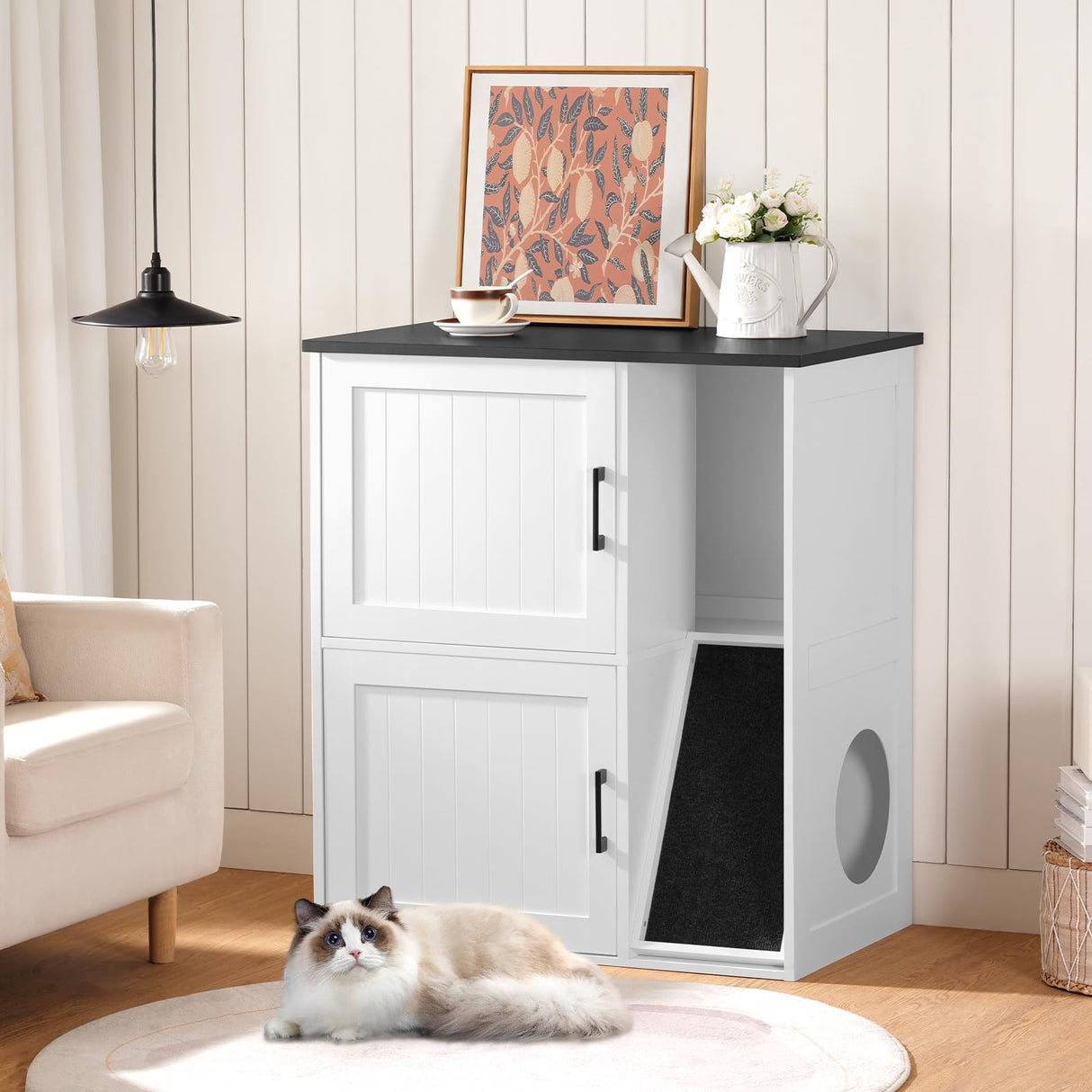 MAHANCRIS Litter Box Enclosure for 2 Cats, Hidden Litter Box Furniture with Scratch Pad, Double Litter Boxes Enclosure, Wooden Cat Washroom, Indoor Cat House End Table, White and Black CWBB3201 MAHANCRIS