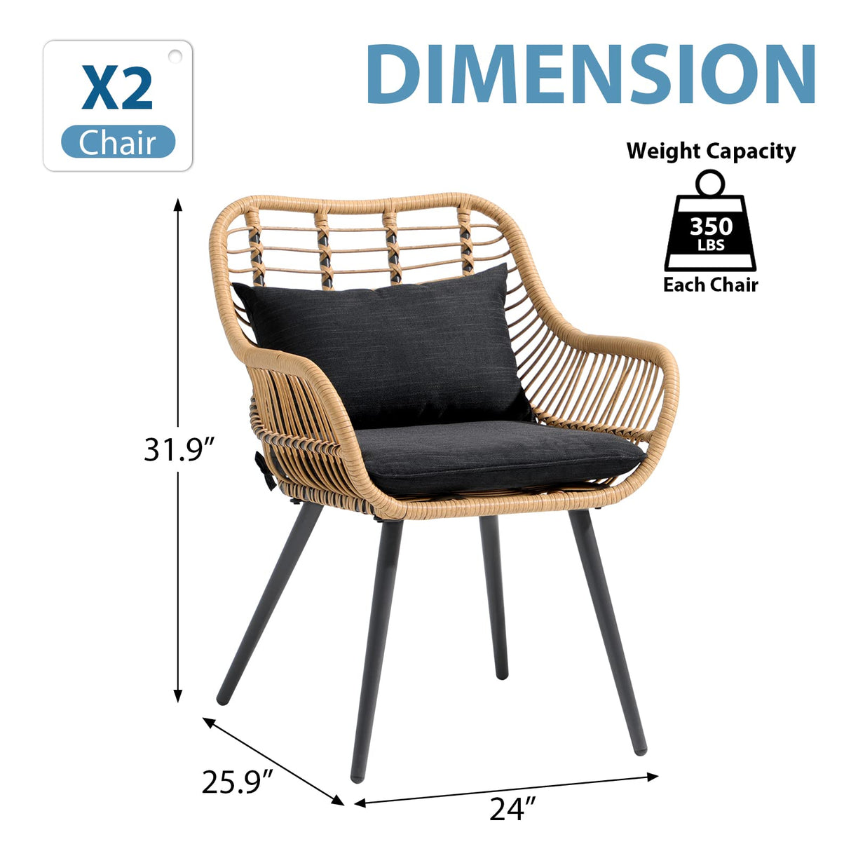 JOIVI Outdoor Patio Wicker Chairs Set of 2, Rattan Dining Chairs with Cushion and Armrest, Porch Chairs Outdoor Seating with Iron Frame, Balcony Furniture for Apartments, Lawn, Backyard, Garden, Black JOIVI