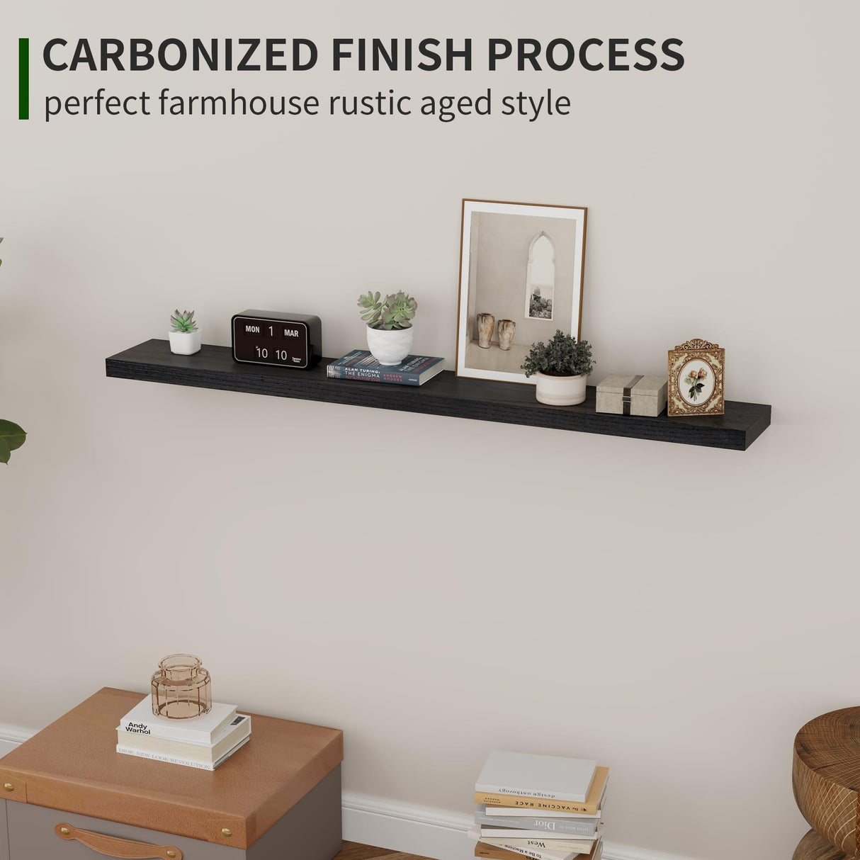 Marsmiles Black Floating Shelves, 48 Inch Wall Shelf Set of 2, Rustic Wood Shelves for Storage, Fireplace Mantel, Mounted Wooden Display Bathroom Bedroom Kitchen Garage, Distressed Black Marsmiles