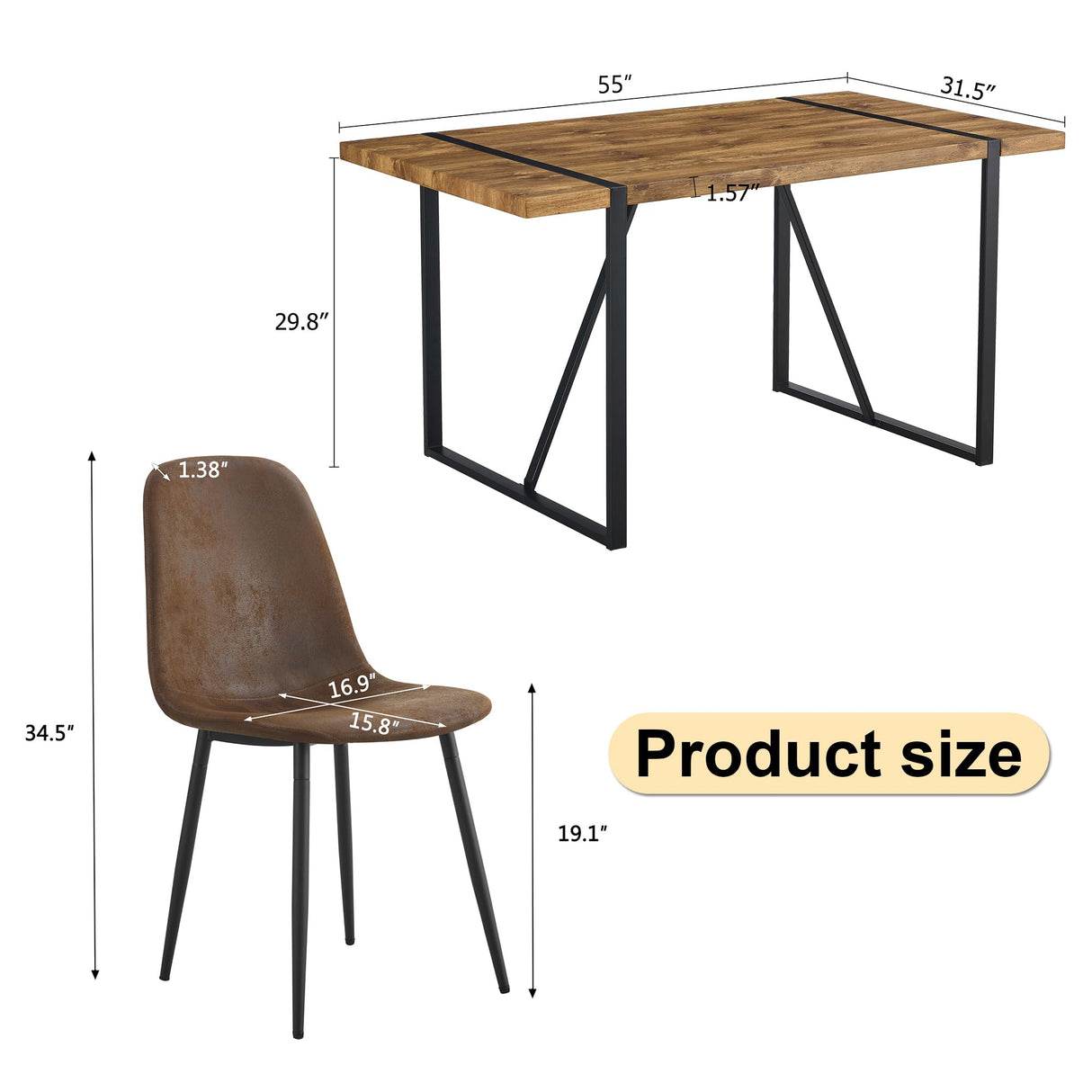 Ganooly Rustic 5 Piece Dining Room Table Set for 4 People, Mid Century Modern 55 Inch Rectangle Wood Kitchen Dining Table with 4 Fabric Chairs Set, Suitable for Kitchen Dining Room Ganooly