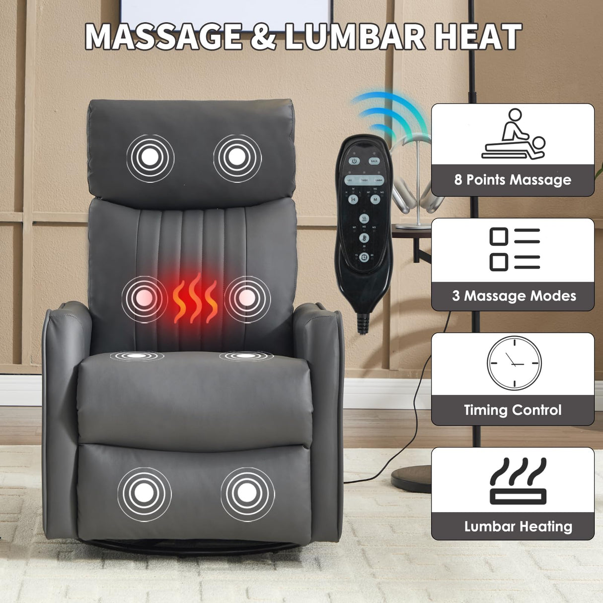 Trustyue Swivel Rocker Recliner Chair, 360° Swivel Recliner with Heat and Massage, Rocker Recliner Nursery Glider Chair with Side Pockets for Living Room (Grey, Faux Leather) Trustyue