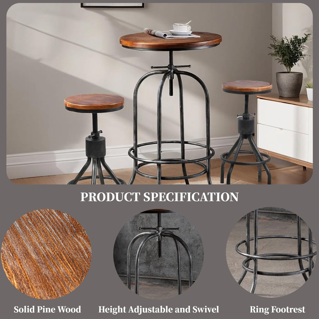 BOKKOLIK Rustic Bar Table Vintage Bistro Table Industrial Pub Table for Kitchen Coffee House Office Computer Desk Swivel Round Wooden Top 37.4-45.3inch Height Adjustable BOKKOLIK