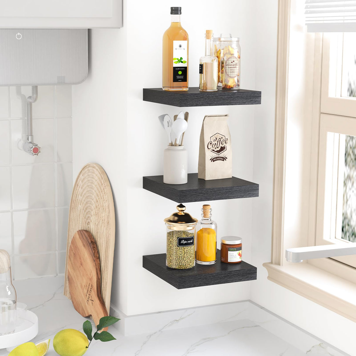 Fixwal Floating Shelves for Wall, Small Black Shelves Wall Mounted Shelf for Bathroom, Living Room, Bedroom, Kitchen Decor (Set of 3, 8x8) Fixwal