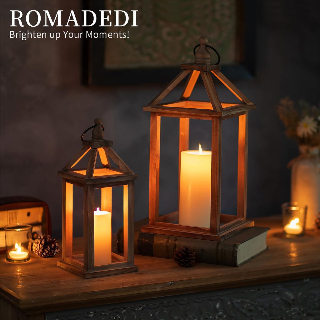 Romadedi Farmhouse Wood Candle Lantern - 12" / 16" Set of 2 Rustic Wooden Lanterns Decorative Candle Holder Home Decor Wedding Table Centerpiece Indoor Outdoor Fireplace Decorations, Brown Romadedi