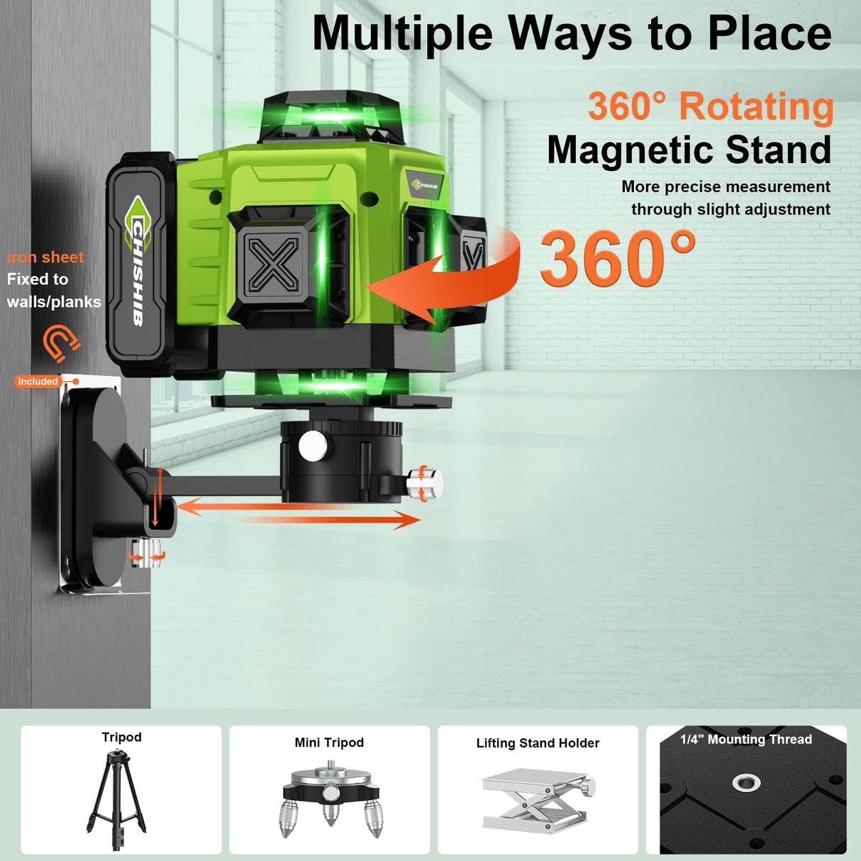 16 Lines Green Laser Level Kit -4x360° 4D Self-Leveling Cross Line Laser Level, Rotary Base and Accessories for Construction, Home Improvement and Picture Hanging,Portable Hard Carry Case Included… CHISHIB