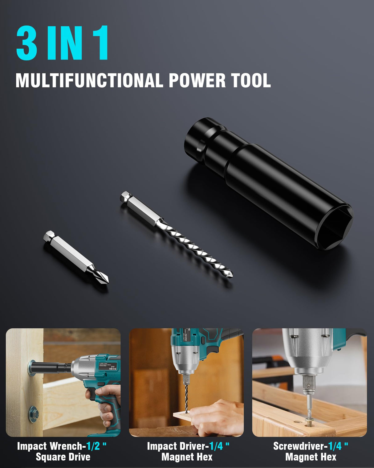 LHRETXQ 1/2 inch Cordless Impact Wrench, Torque 258ft-lbs(350N.m), 3500 RPM, 21V Electric Brushless Power Impact Gun for Lug Nuts with 2.0Ah Battery, 1/4 inch Impact Driver, Charger & Kit Case LHRETXQ