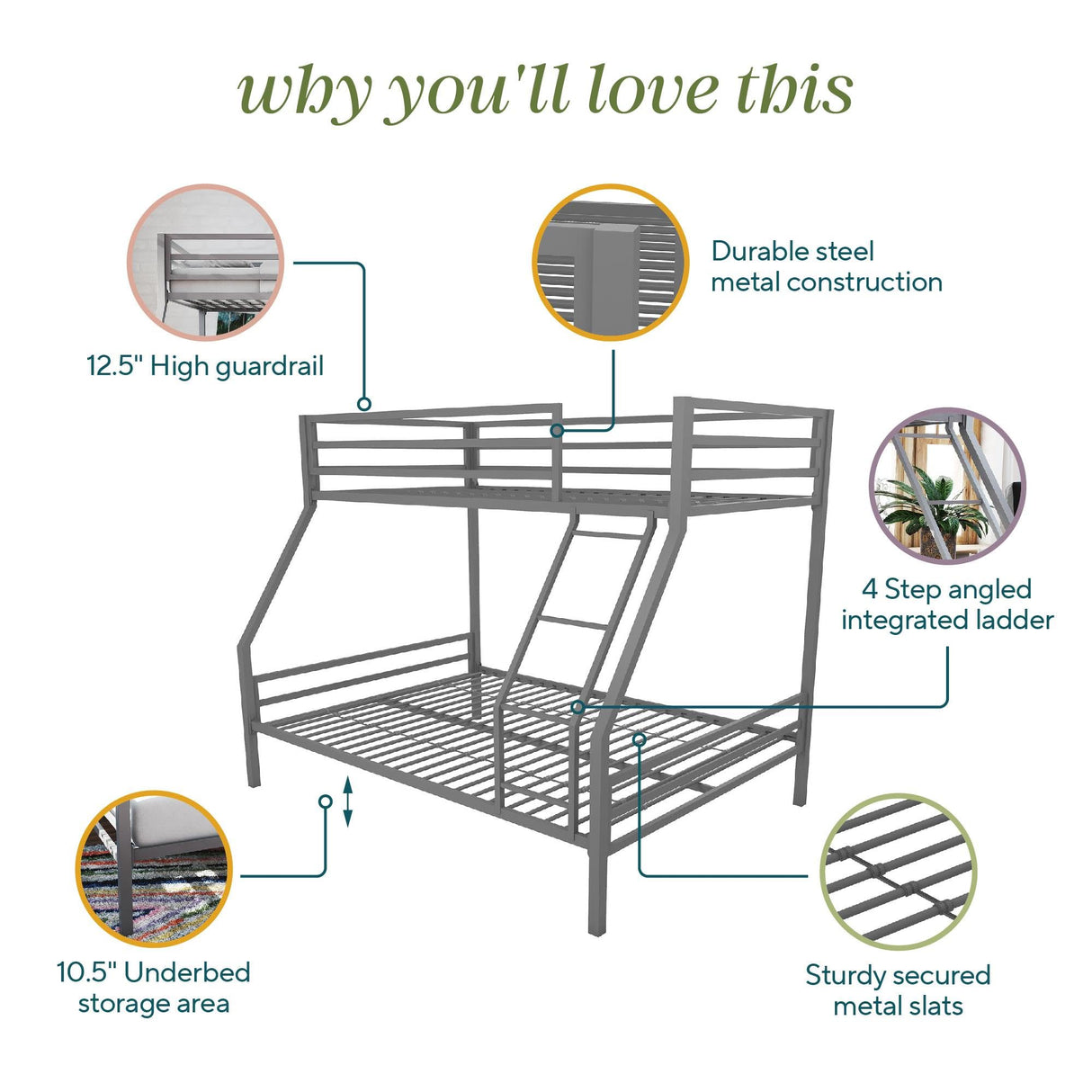 Novogratz Maxwell Metal Bunk Bed Frame for Kids and Teens, with Angled Ladder, High Guardrail and Metal Slats, No Boxspring Required, Underbed Storage Space, Twin-Over-Full, Gray Novogratz