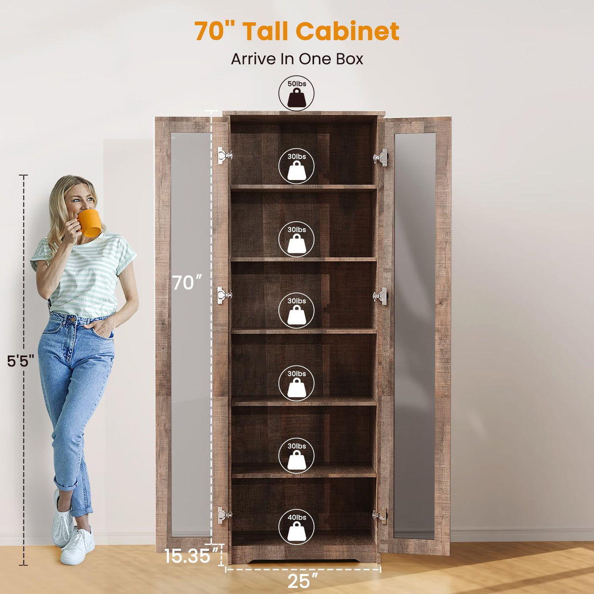 Teekyooly 70" Tall Display Cabinet Storage, Pantry Cabinet with 2 Doors and 6 Adjustable Shelves, Standing Utility Cabinet for Dining Room, Food Storage and Kitchen, Clear and Brown Teekyooly