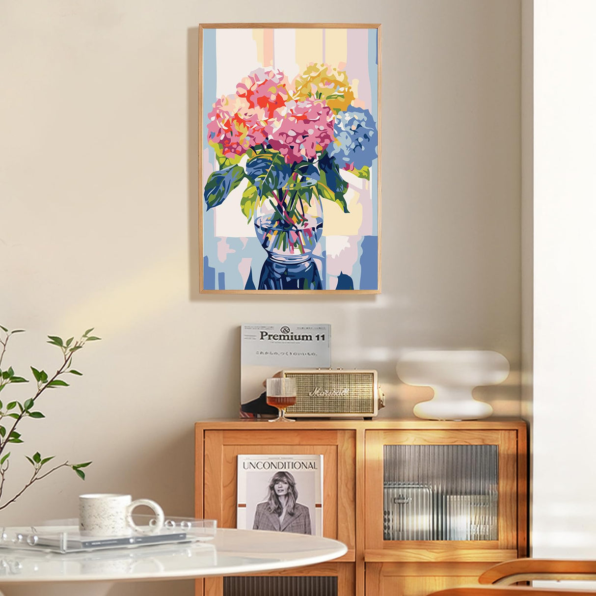 Framed Paint by Numbers Kit for Adults Beginner & Kids Ages 8-12, Hydrangea in Glass Vase Window Paint by Number with Frame, Easy Acrylic Colorful Flowers Painting by Numbers Kit on Canvas 8x12 inch Fountor