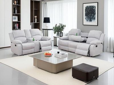 Dekmxas Living Room Furniture Sets 2PCS Fabric Recliner Sofa Set Modern Loveseat Couch Set Manual Reclining Sofa Set with Cup Holders/Storage Console for Living Room/Rv Car (Grey White, Sofa+Loveseat)