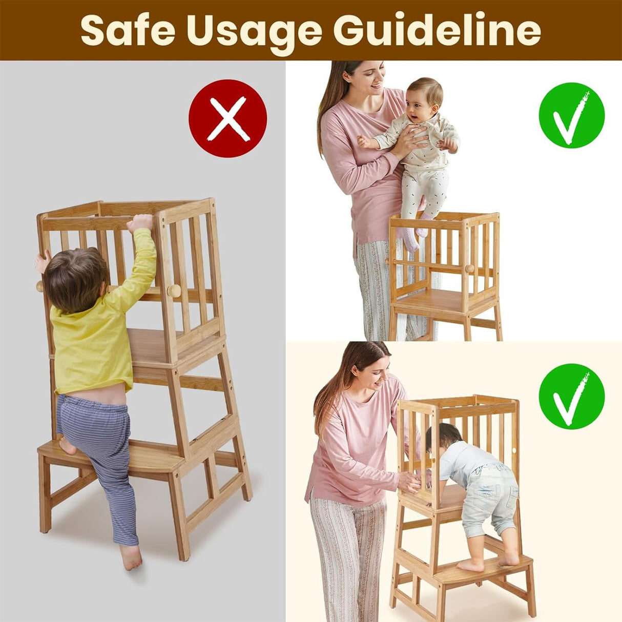 COSYLAND Kids Kitchen Step Stool,Toddler Standing Tower with CPC Certification, Removable Anti-Drop Railing Safety Rail Enjoys Unique Patented Design A Anti-tip Structure More Stable, Natural Bamboo COSYLAND