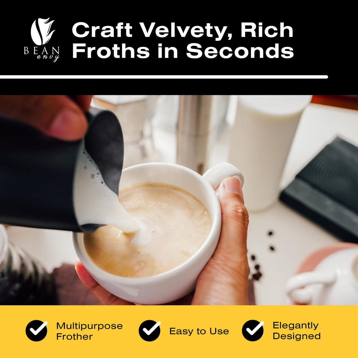 Bean Envy Milk Frother Handheld for Coffee - Electric Hand Blender, Mini Drink Mixer Whisk & Coffee Foamer Wand with Stand for Lattes, Cappuccino, Matcha and Hot Chocolate - Kitchen Gifts - Black Bean Envy
